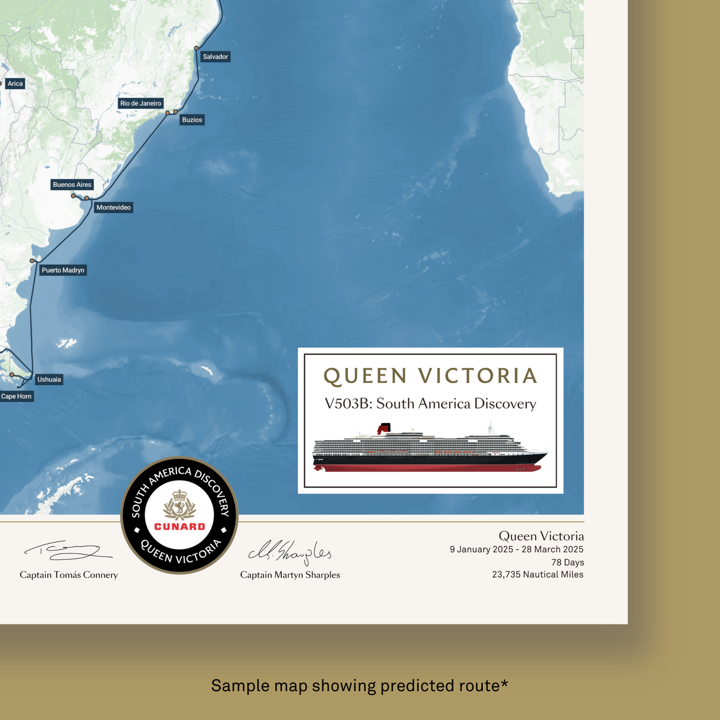 Special Edition Map of Queen Victoria's South America Discovery Voyage