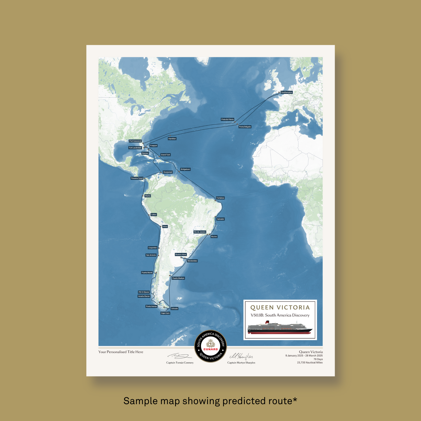 Special Edition Map of Queen Victoria's South America Discovery Voyage