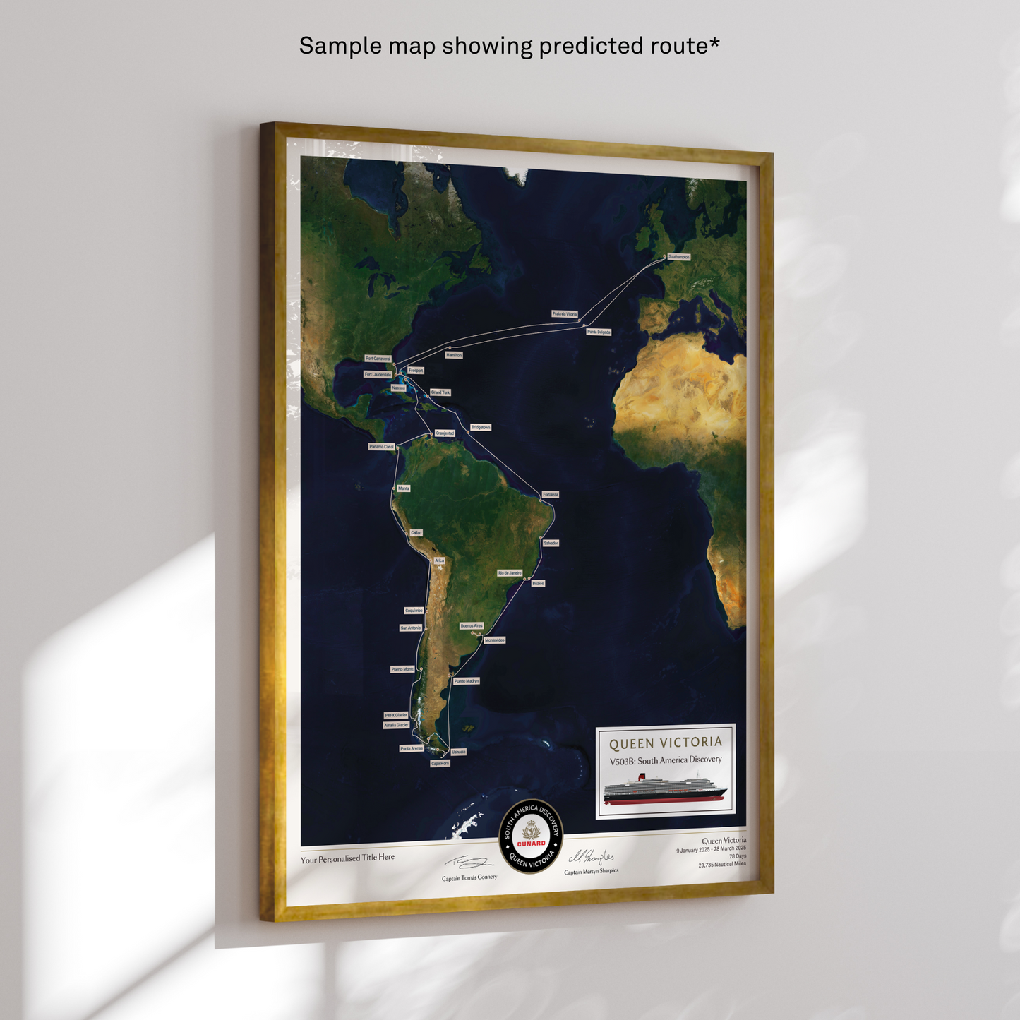 Special Edition Map of Queen Victoria's South America Discovery Voyage - Satellite