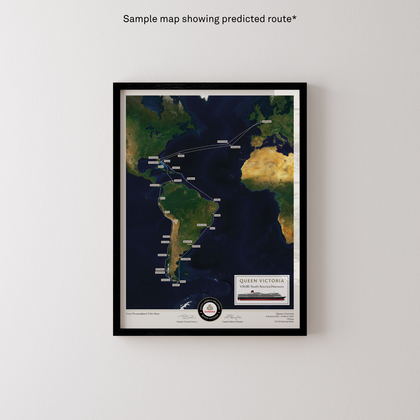 Special Edition Map of Queen Victoria's South America Discovery Voyage - Satellite