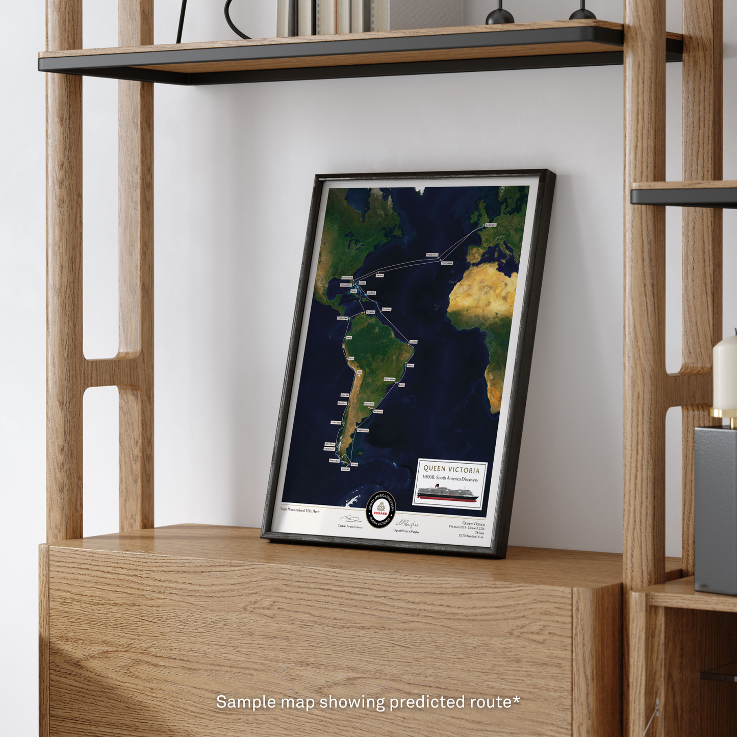 Special Edition Map of Queen Victoria's South America Discovery Voyage - Satellite