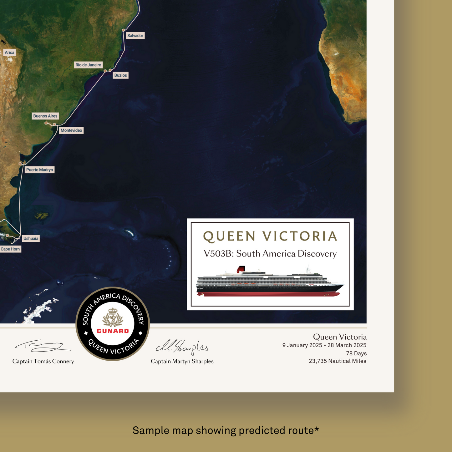 Special Edition Map of Queen Victoria's South America Discovery Voyage - Satellite