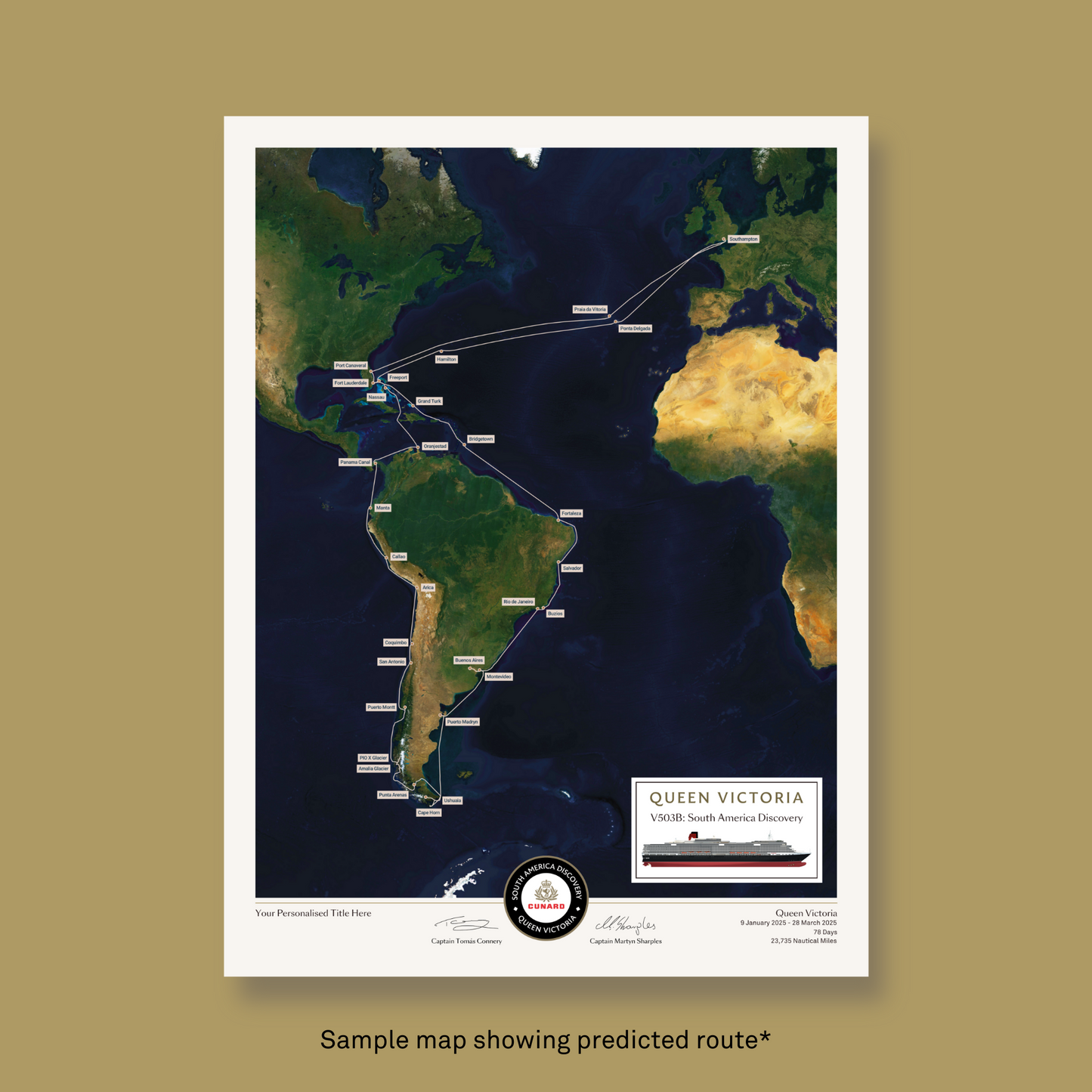 Special Edition Map of Queen Victoria's South America Discovery Voyage - Satellite