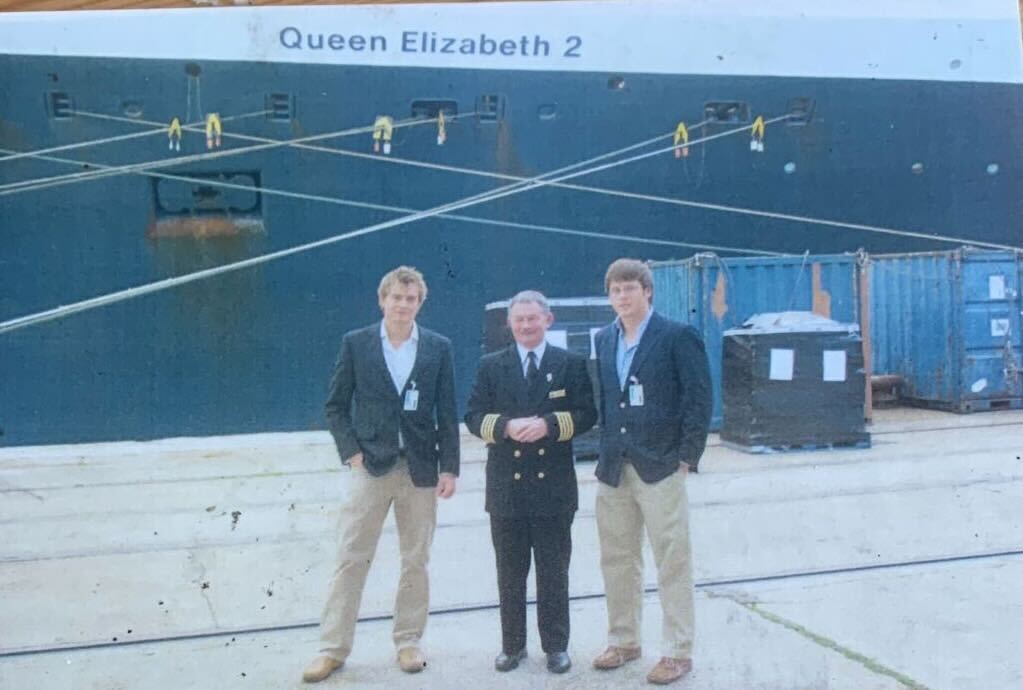 Will and Matt in 2008 on a tour of the QE2 with Chief Engineer John (Paddy) Hanvey the day before her final voyage to Dubai