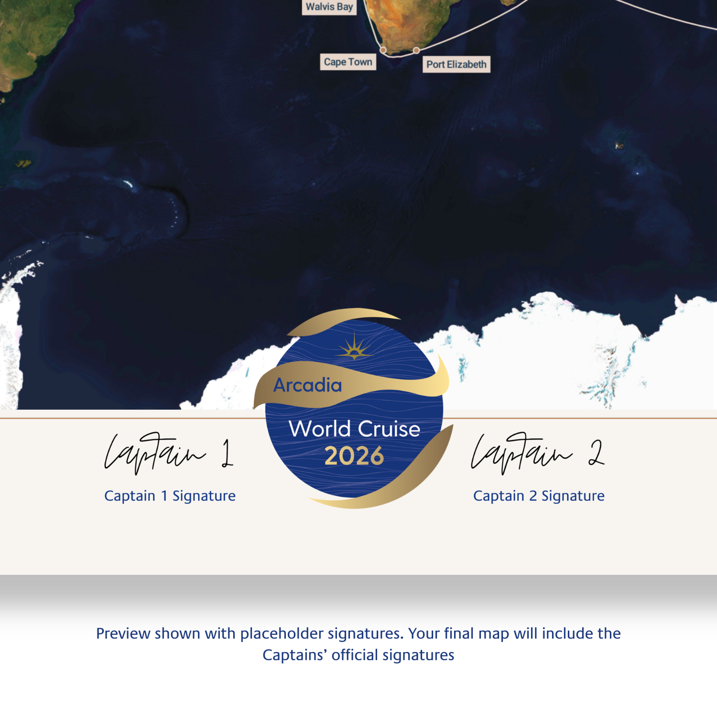 Special Edition Map of Arcadia's World Cruise 2026 - Satellite
