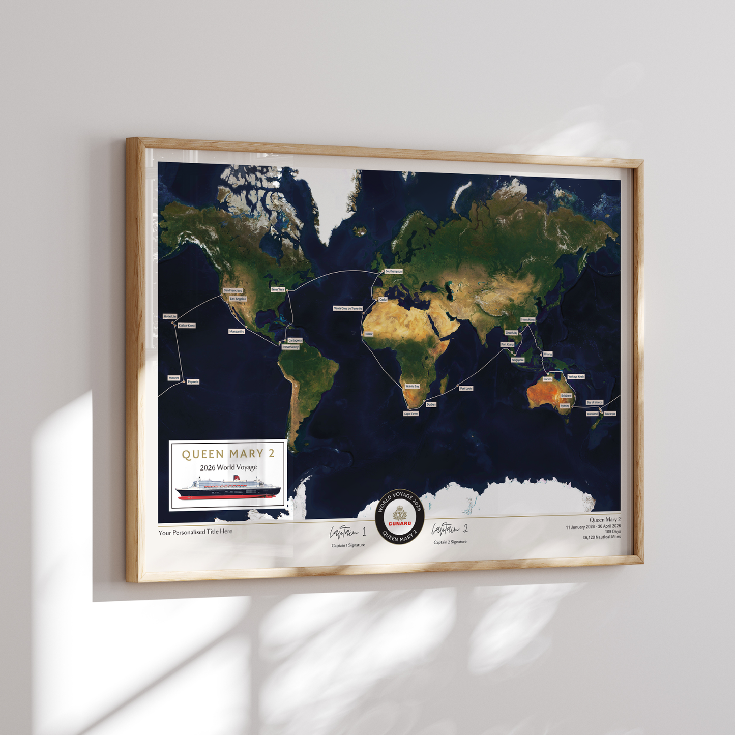 Special Edition Map of Queen Mary 2's World Voyage 2026 - Satellite