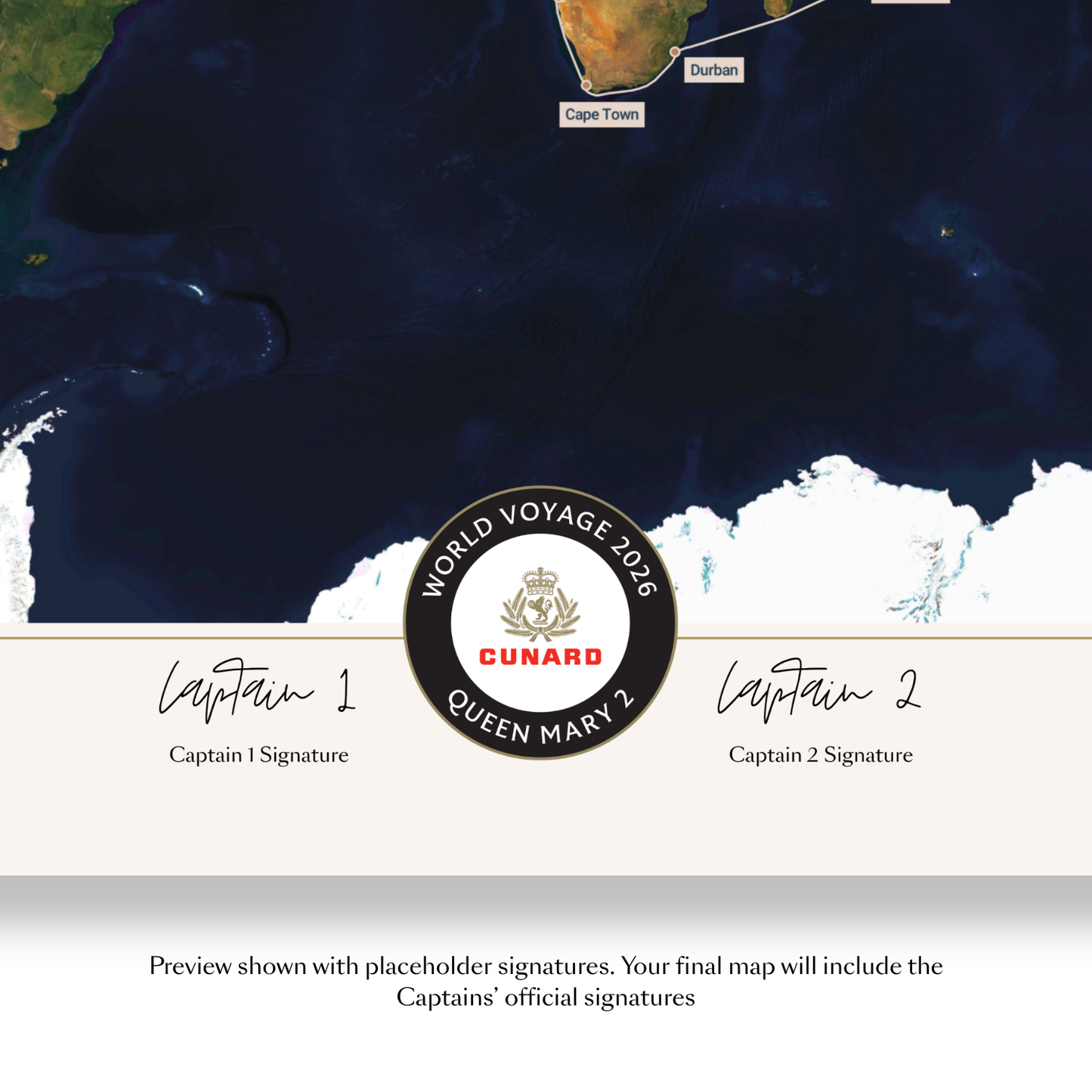 Special Edition Map of Queen Mary 2's World Voyage 2026 - Satellite